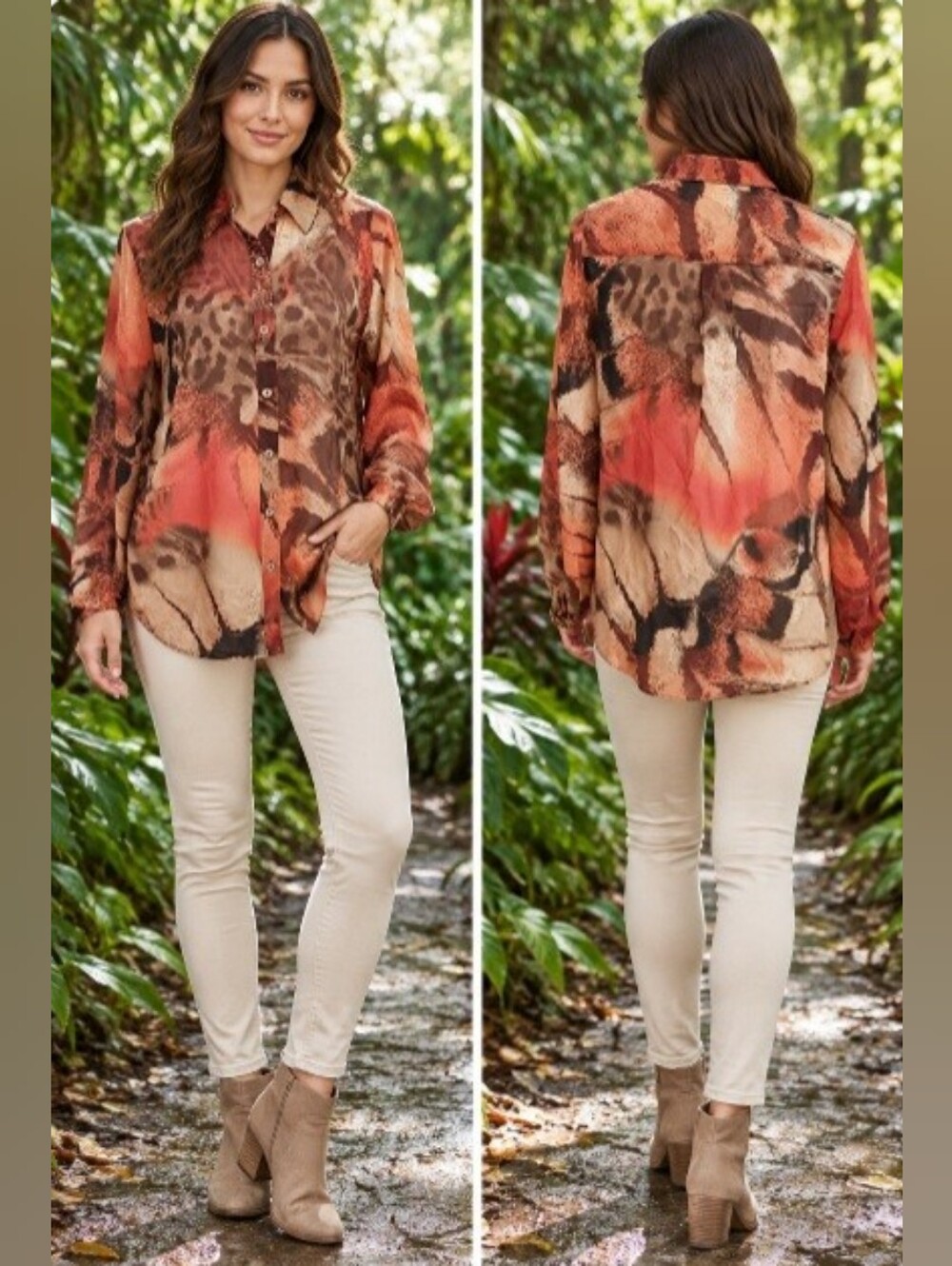 Da-Nang Boheme Orange Brown Silk Animal Print Button Down Blouse NWT Small